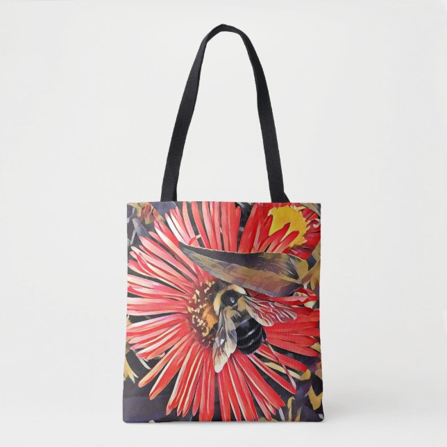 Tote Bag Bumblebee na Flor Zinnia (Frente)
