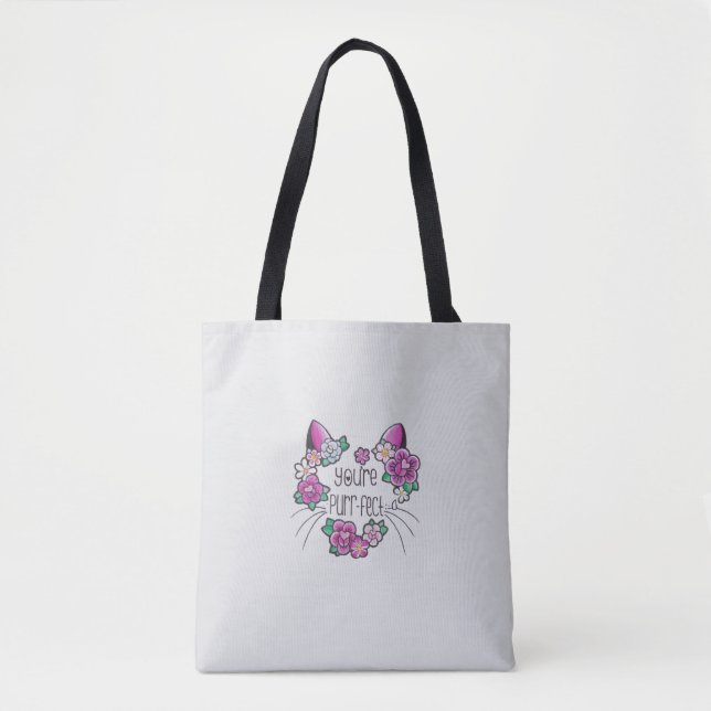 Tote Bag com Impressões Florais Inspirados em Gato (Frente)