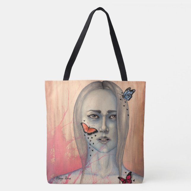 Tote Bag com rosto de mulher e borboletas (Frente)