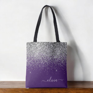 Tote Bag de Nome da Girly Monograma Roxo de Prata