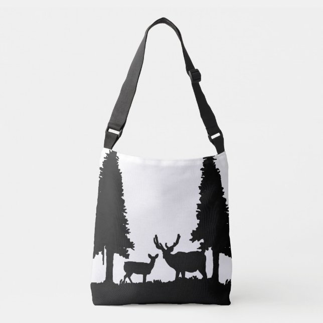 Tote Bag em Black and White Deer em Forest Design (Frente)