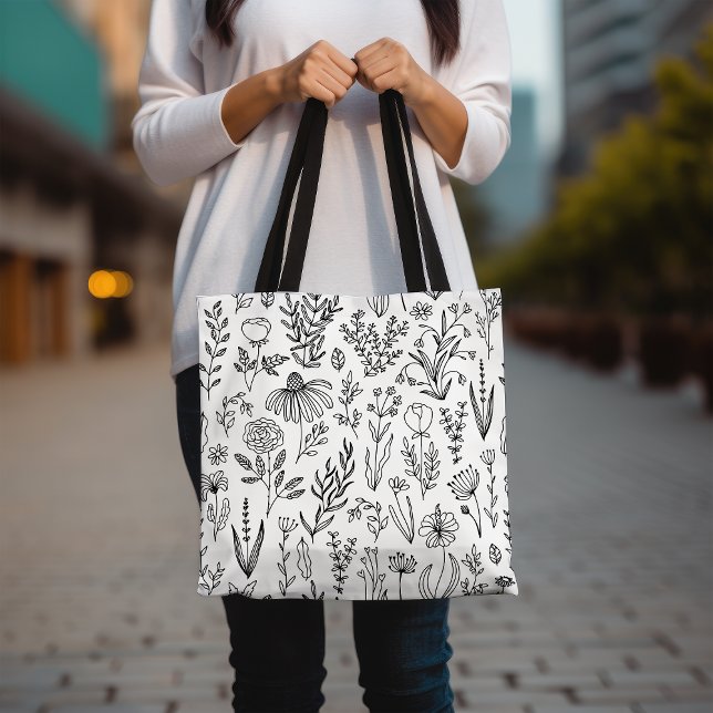 Tote Bag (Tote Bag) Padrão Floral, Black and White (Criador carregado)