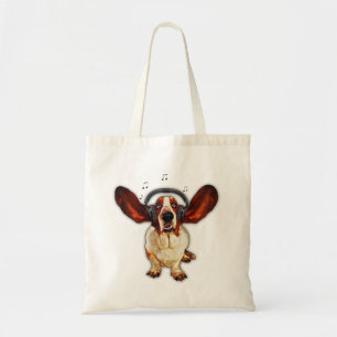 Tote Basset Hound com fones de ouvido, pop art, o bolsa