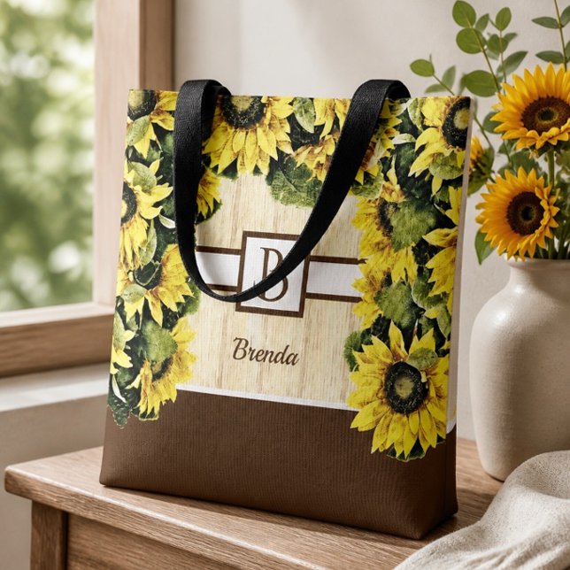 Tote Bela Bolsa de Compras com Monograma de Girassol (Criador carregado)