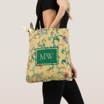 Bolsa Amarela de Mão com Floral Chinês e Monograma