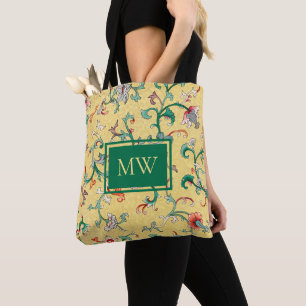 Tote Bolsa Amarela de Mão com Floral Chinês e Monograma