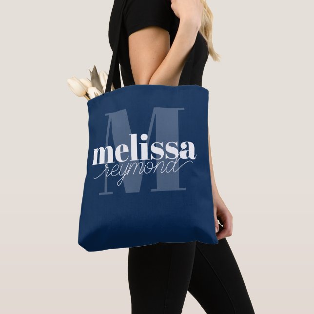 Tote Bolsa Azul com Nome Monograma Grande (Close Up)