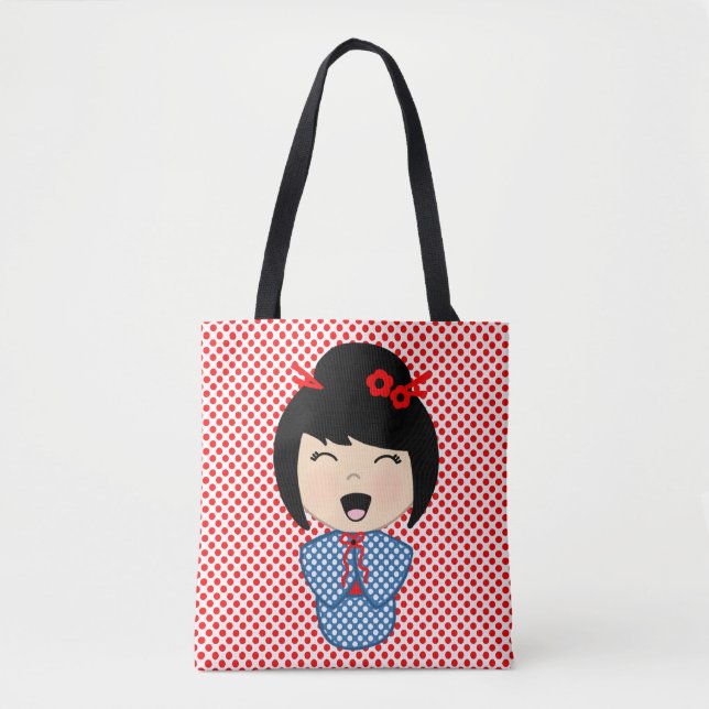 Tote Bolsa Azul de Kokeshi (Frente)