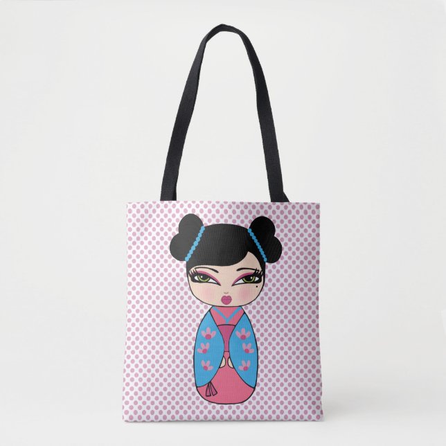 Tote Bolsa azul de Kokeshi Doll (Frente)