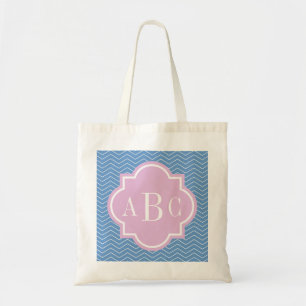 Tote Bolsa azul rosa personalizada com monograma de 3 l