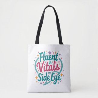Tote Bolsa branca grande Fluent in Vitals e Side Eye