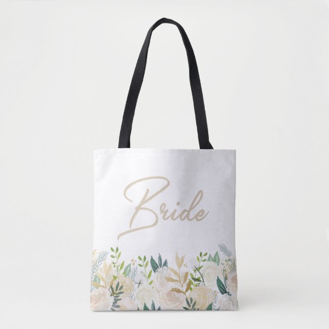 Tote Bolsa Branco de Casamento Floral (Frente)