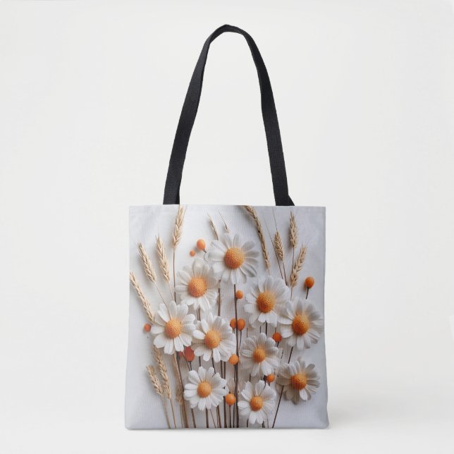 Tote Bolsa Branco Floral com Laranja Checado (Frente)
