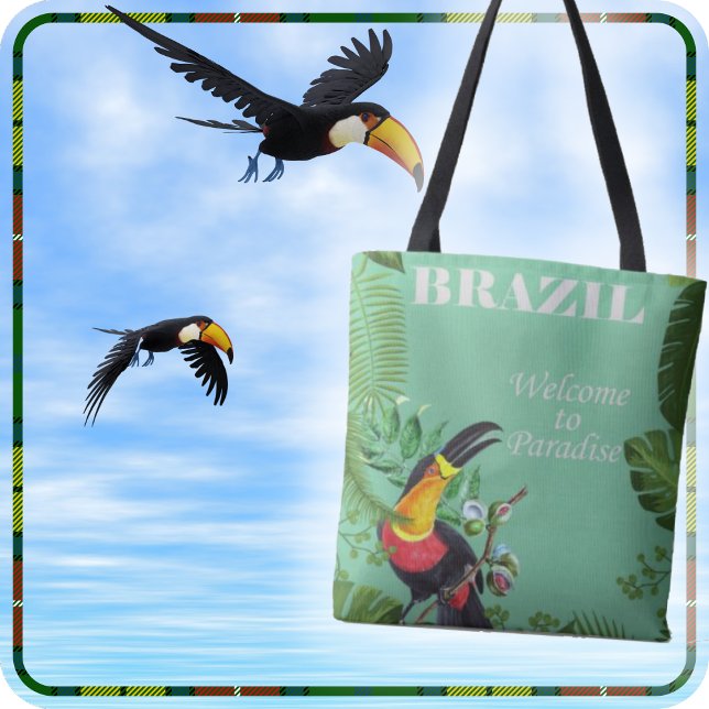 Tote BOLSA - Brasil - Bem-vindo ao Paraíso + tucano (A beautiful Tote Bag with a colorful Toucan on each side)