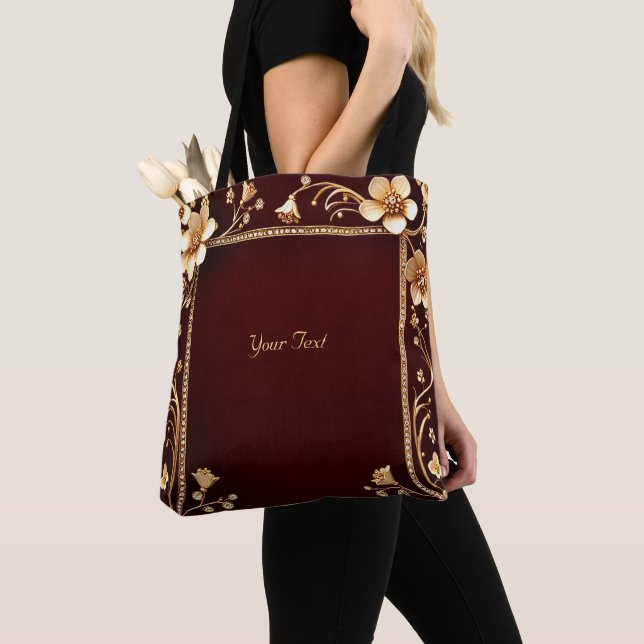 Tote Bolsa Burgundy Golden Flowers (Close Up)