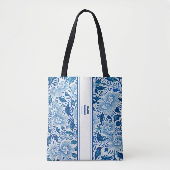 Tote Bolsa Chic de Chinoiserie Azul e Branco com Monogr (Frente)