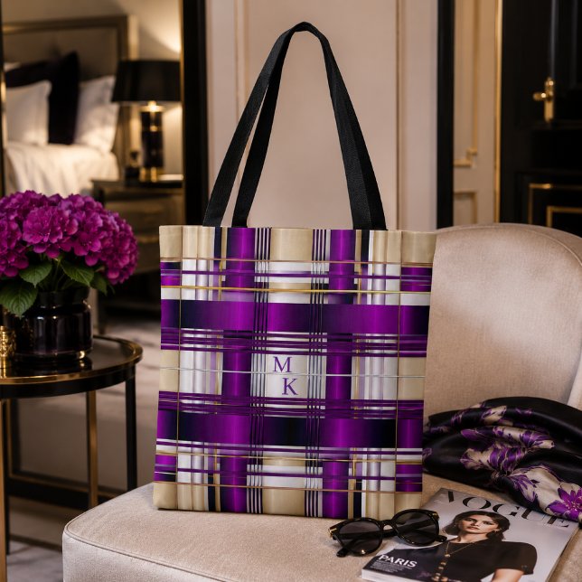 Tote Bolsa Chic Monograma Xadrez Roxa (Stylish Purple Plaid Monogrammed Tote)