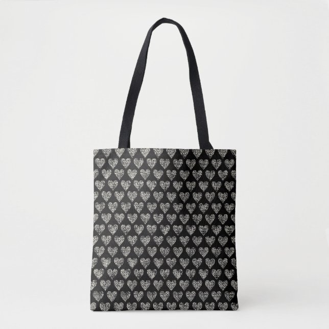 Tote Bolsa Chic Preto e Branco com Padrão de Coração (Frente)