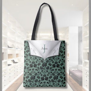 Tote Bolsa Chic Verde e Preta com Monograma Rose