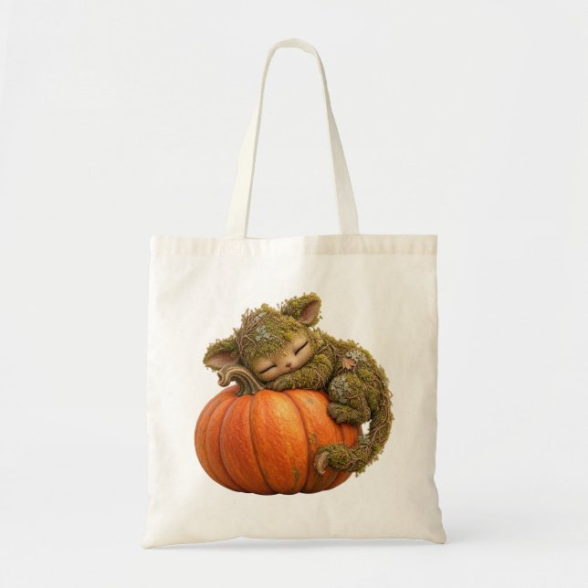 Tote Bolsa Cute Fantasy Moss Creature Abraçando Abóbora (Frente)
