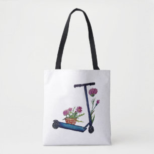 Tote Bolsa de Arte em Aquarela de Patinete & Flores