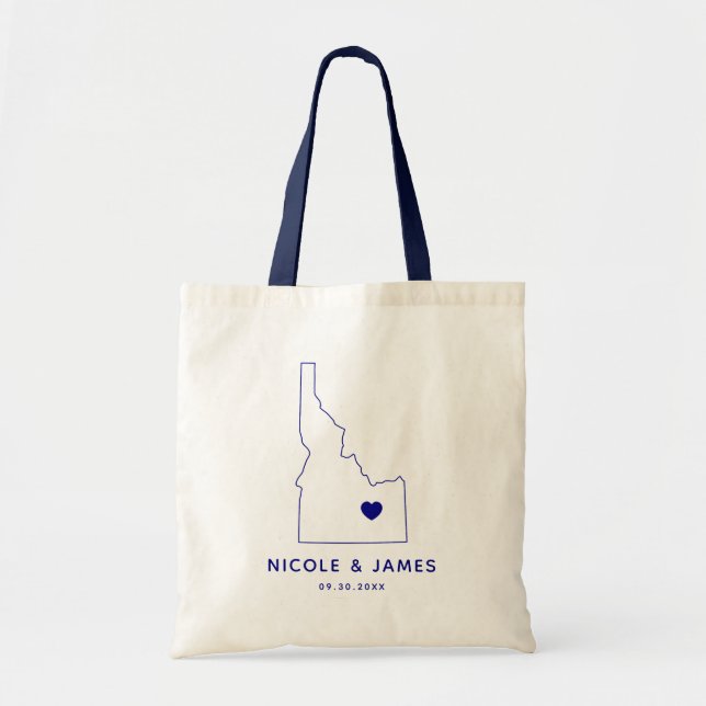 Tote Bolsa de Boas-vindas do Idaho Wedding, Mapa Azul M (Frente)