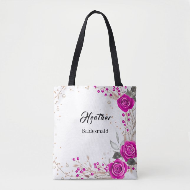 Tote Bolsa de Bridesmaid rosa e branca (Frente)