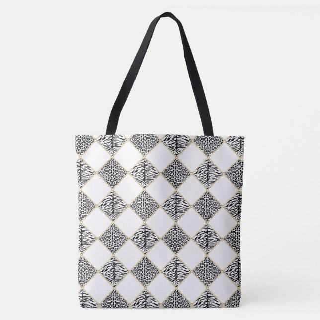 Tote Bolsa de Cadeia de Impressão de Animais Branco/Pre (Frente)