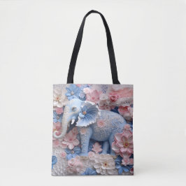 Tote bolsa de canvas Bolsa de Elefante Azul 3D com Flor