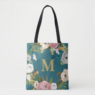 Tote Bolsa de canvas de Monograma Personalizado Floral 