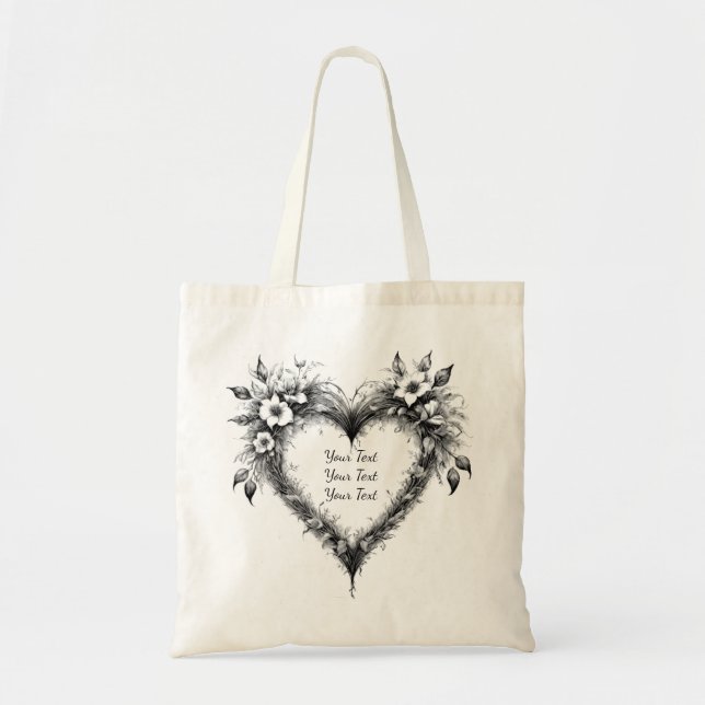 Tote Bolsa de casamento em coração floral personalizado (Frente)