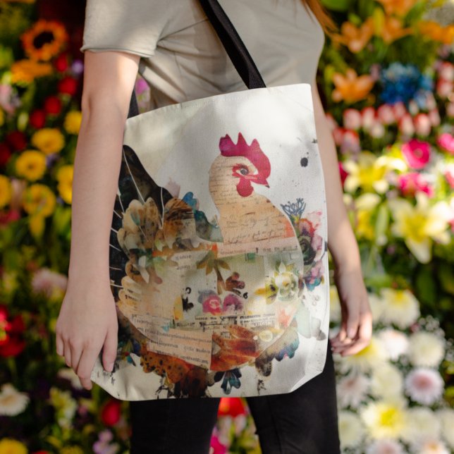 Tote Bolsa de Colagem de Mídia Mista de Frango (Scrapbook collage style chicken on one side...)