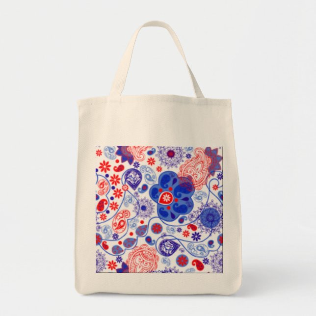 TOTE BOLSA DE COMPRA DE DESIGNER VERMELHO, BRANCO E AZU (Frente)