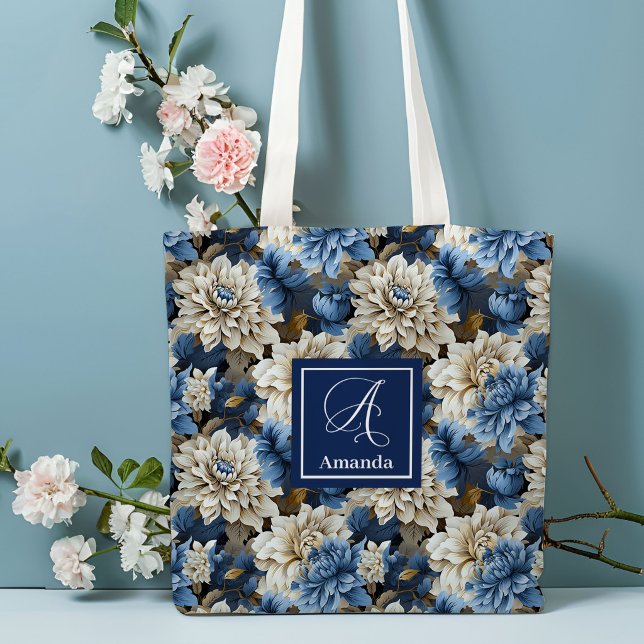 Tote Bolsa de Compras Personalizada Chic Flores Brancas (Chic Blue White Flowers Personalized Tote Bag)