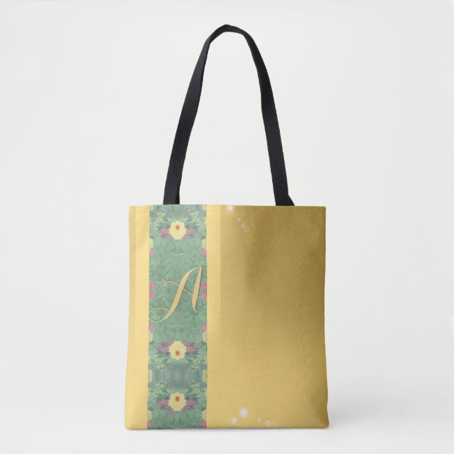 Tote Bolsa de cor de latão monograma floral (Frente)