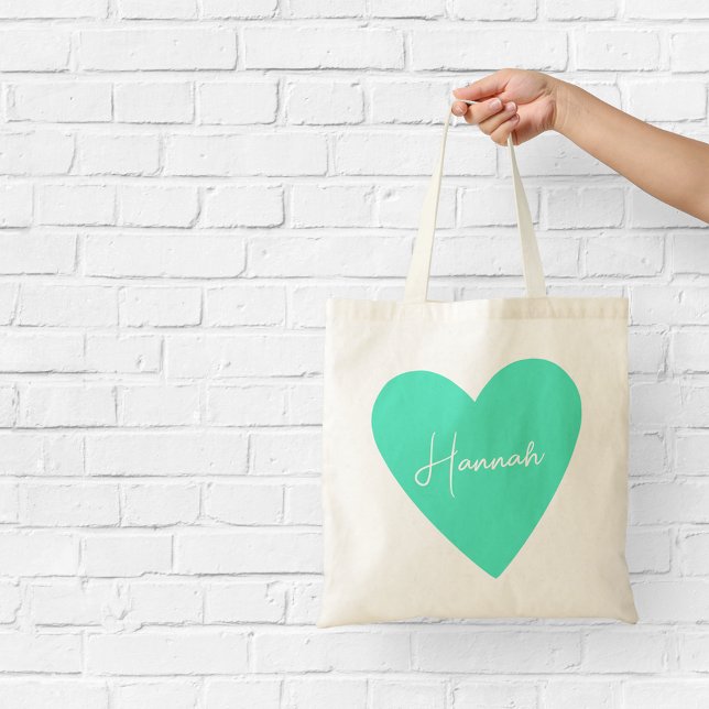 Tote Bolsa de Coração Verde Girly com Nome (Criador carregado)