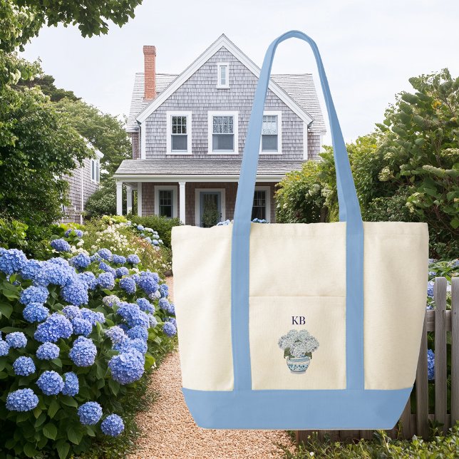 Tote Bolsa de Embarcação com Contraste de Monograma de  (chinoiserie hydrangea contrast trim monogrammed tote bag)