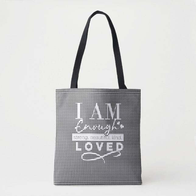 Tote bolsa de "EU SOU AMADO", branco/preto (Frente)