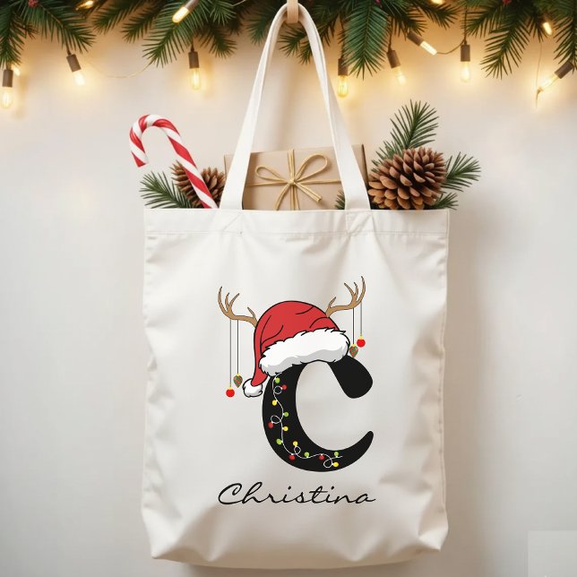 Tote Bolsa de Férias com Monograma para Presentes de Na (Santa Claus tote, personalized Christmas gift, family holiday tote, Christmas initial tote,)