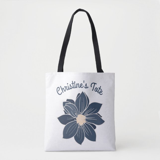 Tote Bolsa de Flores Azul Marinho Personalizada (Frente)