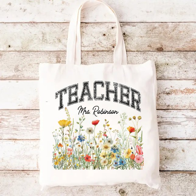 Tote Bolsa de Flores Silvestres Personalizadas para Pro (wildflowers tote bag, personalized name tote, teacher tote bag, teacher appreciation gift)