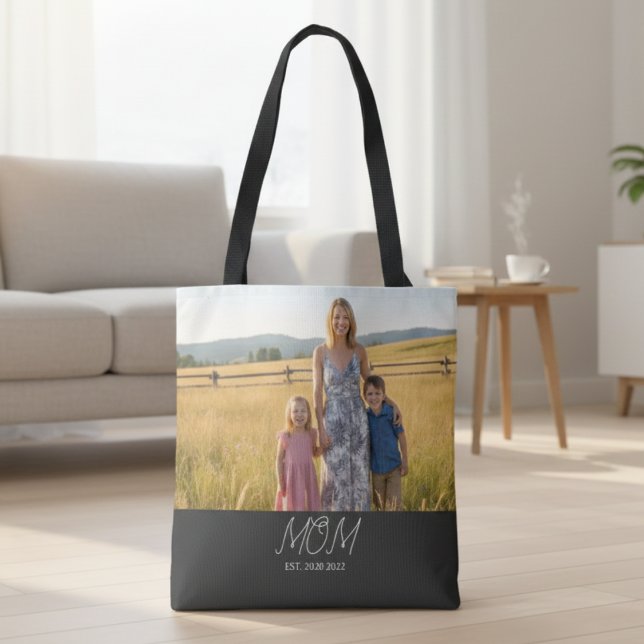 Tote Bolsa de Foto Preta com Rótulo Estabelecido pela M (Criador carregado)