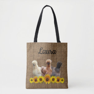 Tote Bolsa de frango Seu Nome Silkies Sunflower Burlap