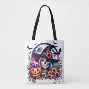 Tote Bolsa de Halloween com Bruxas e Esqueleto