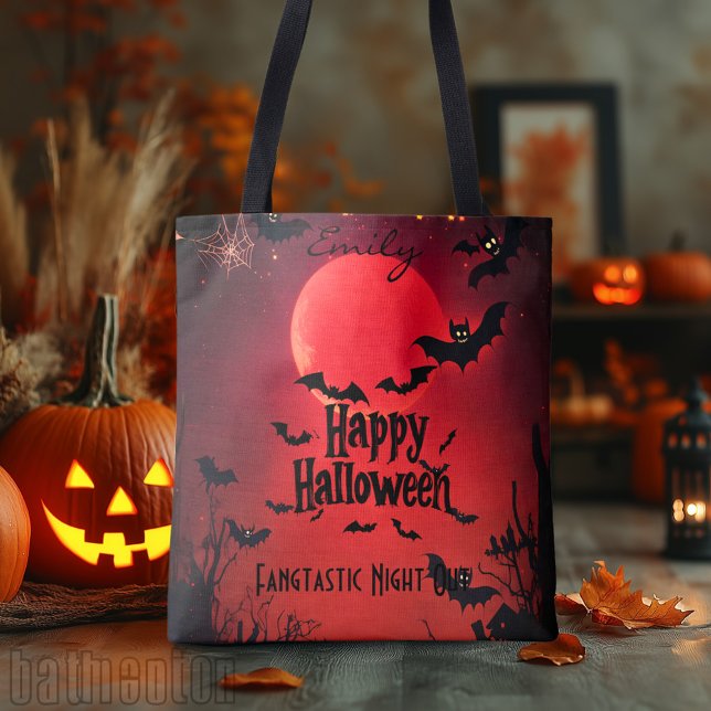 Tote Bolsa de Halloween Personalizado com Bats e Lua Ve (Criador carregado)