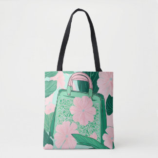 Tote Bolsa de Ilusão Trompe L'oeil Floral Rosa e Verde