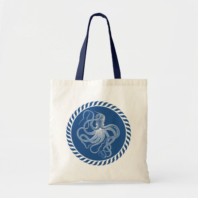 Tote Bolsa De Ilustração De Octopus Branco E Azul marin (Frente)