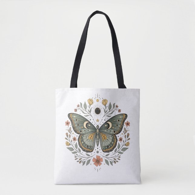 Tote Bolsa de ilustração floral de borboleta celestial (Frente)