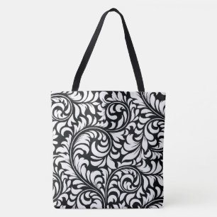 Tote Bolsa de Impressão de Damasco Floral Branco e Pret