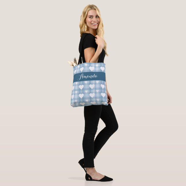 Tote Bolsa de Lona Azul com Corações Brancos (No(a) Modelo)